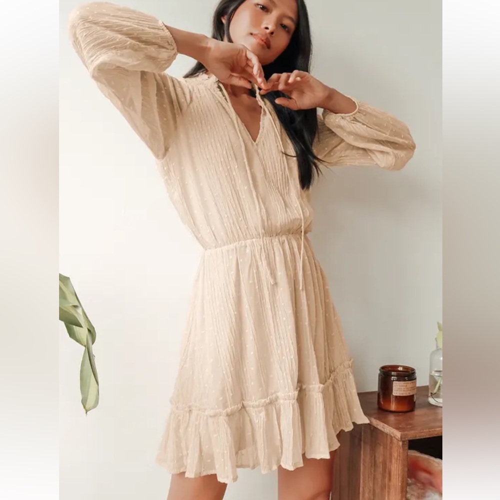 Lulu's No Ordinary Love Cream Swiss Dot Long Sleeve V-Neck Mini Dress Size XL